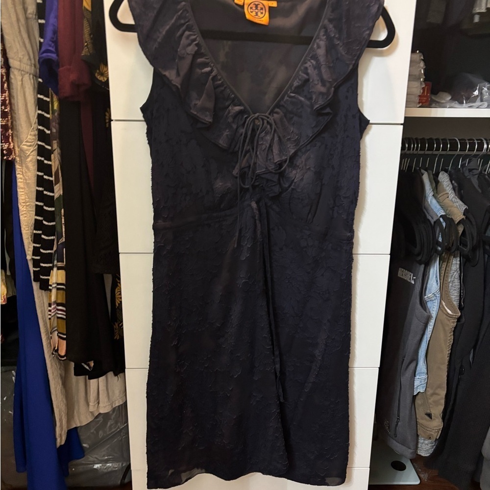 Tory Burch Dark Blue Ruffled Mini Silk Dress